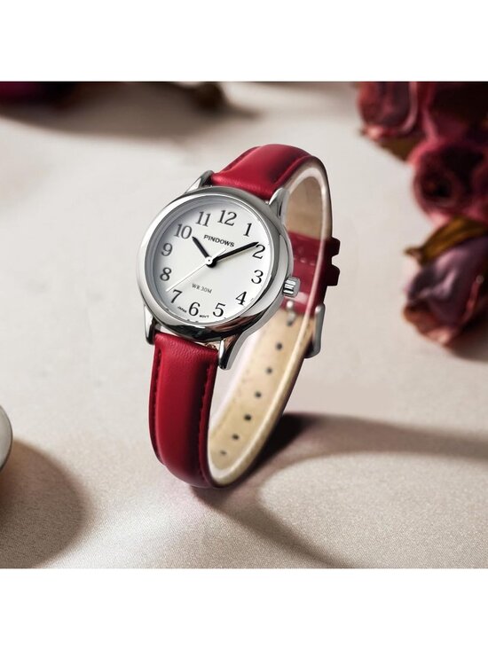 Pindows Women\'s Red Elegant Quartz Analog Leather Strap Fashionable Wrist Watch main image 4